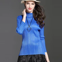 Changpleat весенние женские футболки со стоячим воротником Miyak, плиссированные тонкие синие серые эластичные женские футболки с длинным рукавом, модные