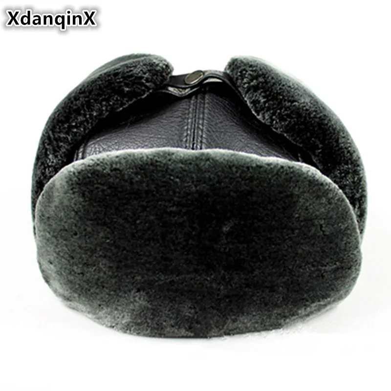 

XdanqinX Genuine Leather Hat Winter Warm Men's Bomber Hats Super Thick Plus Velvet Earmuffs Hat Climbing Ski Cap Male Winter Cap
