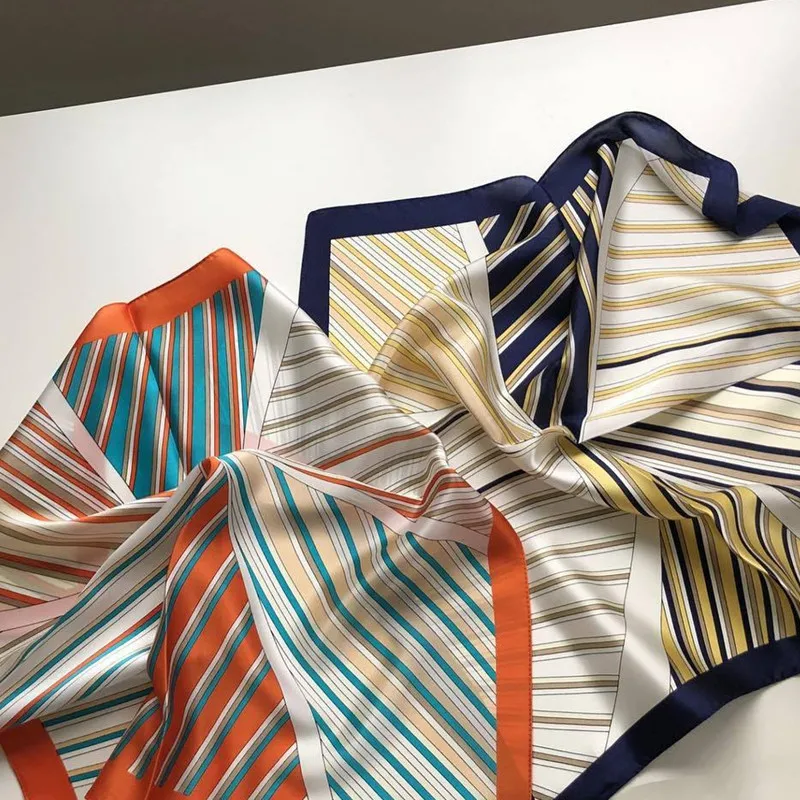 

High-grade 100% Silk Plain Crepe Satin Small Square Scarf Geometric Stripe Scarves Printed Neckerchief Women Headscarf 53*53cm