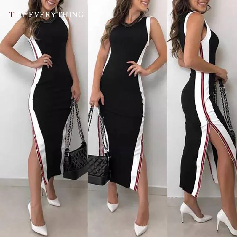 

Bodycon Sexy Party Dress Women Summer 2019 Fashion Sleeveless Black Casual Dress Patchwork Ladies Split Long Dresses For Women