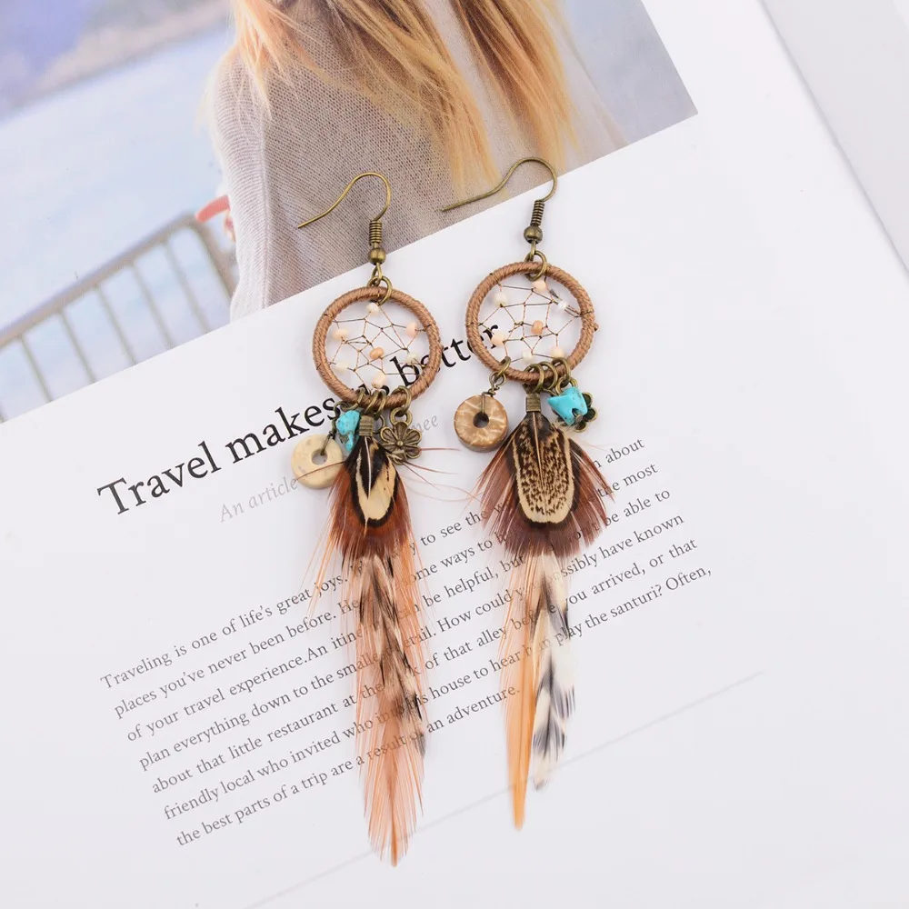 Ethnic Long Bohemia Feather Beaded Earrings For Women Dreamcatcher Round Wood Indian Gypsy Hippie Earrings Boucle D’oreille