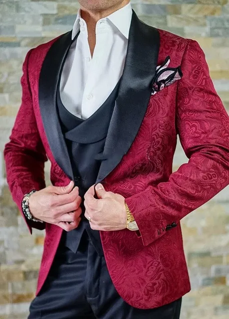 

Fashinable Red Print Wedding Suits For Men Shawl Lapel Slim Fit 3 Piece (Jacket+Vest+Pants) Wedding Groom Prom Tuxedos Suits