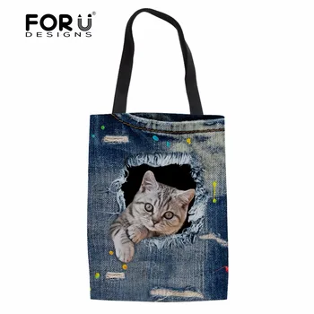 

FORUDESIGNS Denim 3D Animal Cat Cute Women Tote Shoulder Bags Female Multifunction Women's Storage Shopper Bags Handbag Woman