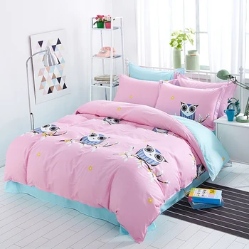 

100% Cotton Blue Owl Girls/Boys Bedding Set Bright Color Bed Linen Kids Duvet Cover Sets Twin Full Queen King Size 4 Pieces Bed