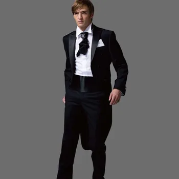 

2017 new Black Tuxedos With Long Blazer Latest Coat Pant Designs Mens Suit Marriage Wedding Suits For Men (Jacket+Pants+Bow)