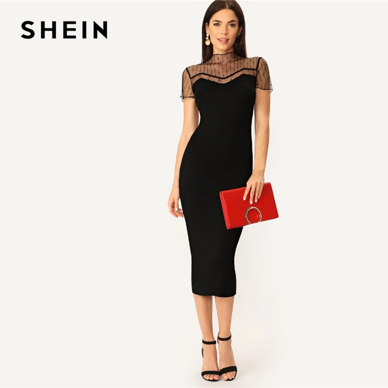 SHEIN черное Полосатое Сетчатое платье-карандаш с хомутом, прямое однотонное платье, женское Повседневное платье, летнее женское облегающее платье со стоячим воротником