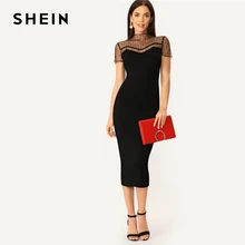 SHEIN черное Полосатое Сетчатое платье-карандаш с хомутом, прямое однотонное платье, женское Повседневное платье, летнее женское облегающее платье со стоячим воротником