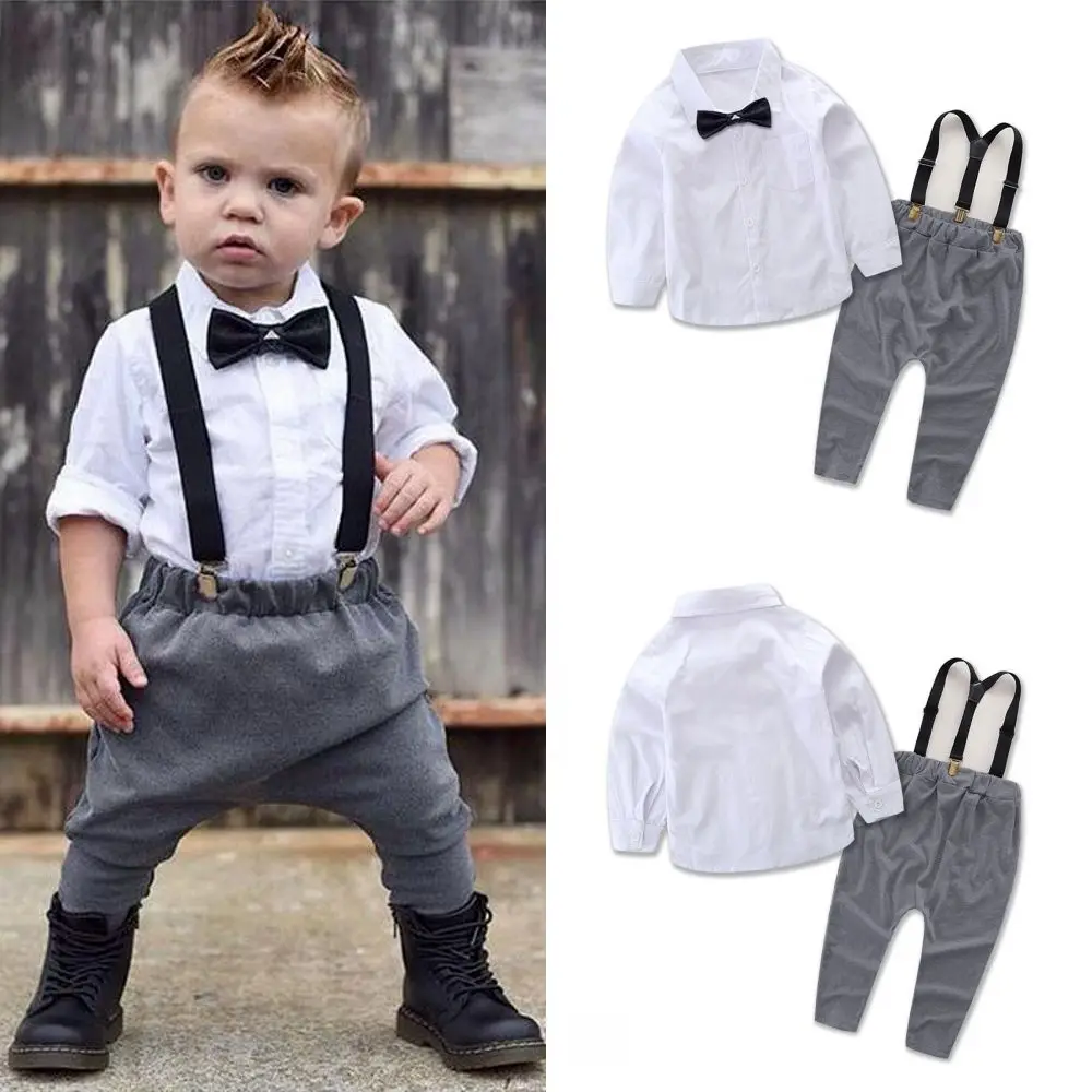 Комплект одежды для маленьких мальчиков, рубашка с длинными рукавами, топы, штаны, комбинезоны, детская одежда джентльмена для маленьких мальчиков