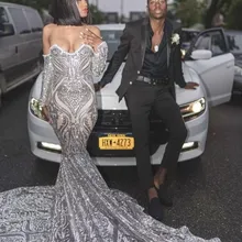 Роскошное Серебряное платье русалки с блестками и длинным рукавом для выпускного вечера для черных девочек, большие размеры, вечерние торжественные платья в африканском стиле