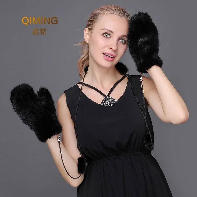 Mink Fur Orange Gloves Women Winter New Korean Version Of The Warm Cute Female Suede Weaving Fingers Fur Gloves