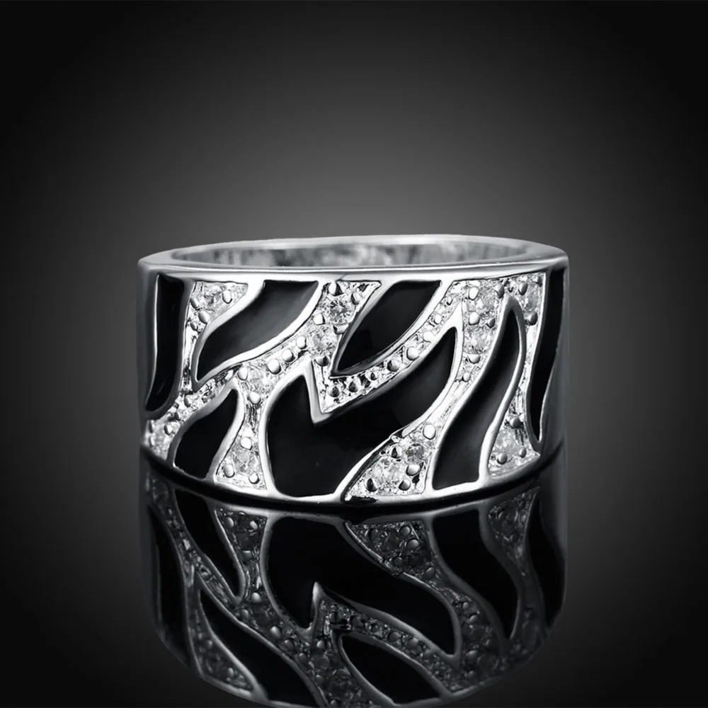 

Free Shipping Fashion New Design silver plated rings for men women Black and white pattern 925 finger ring Personalized KN-R271