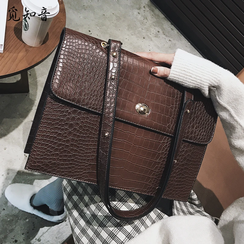 

European Fashion Female Big Tote Bag New Quality Pu Leather Women's Large Handbag Crocodile Pattern Shoulder Messenger Bags