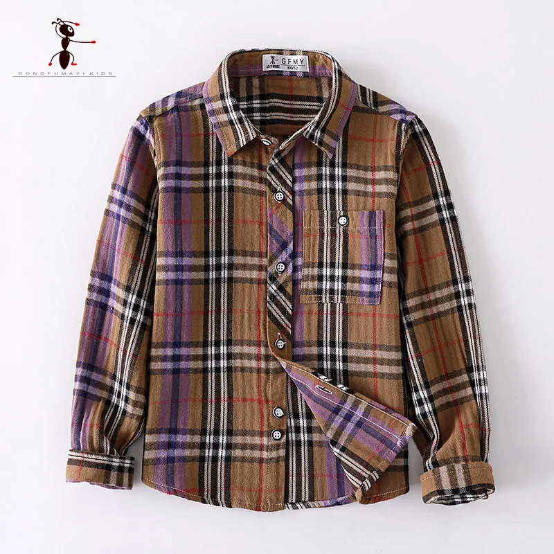 

KungFu Ant 2019 Cotton Long Sleeve Turn-down Collar Khaki Plaid Children 3-12 Years Old Kids Boys Shirts 3399