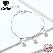 BISAER, женские браслеты, подлинные, 925 пробы, серебро, пресноводное жемчужное звено, браслеты для женщин, Стерлинговое Серебро, ювелирное изделие ECB132
