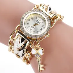 Плетеный пояс часы для женщин ключ роскошный золотистый кристалл металлический ремешок женские часы аналоговые кварцевые часы наручные