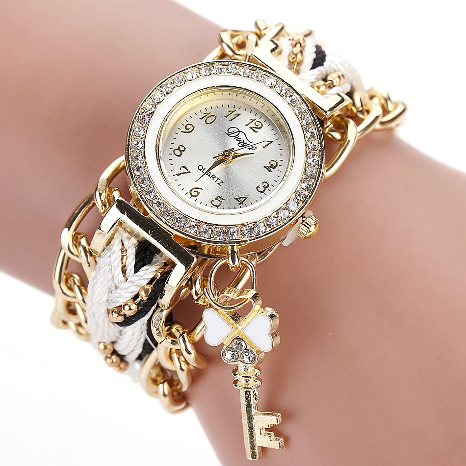 

Duoya Brand Watch Women Fashion Key Luxury Gold Crystal Leather Strap Ladies Watch Analog Quartz Clocks Hour Gift Wristwatch