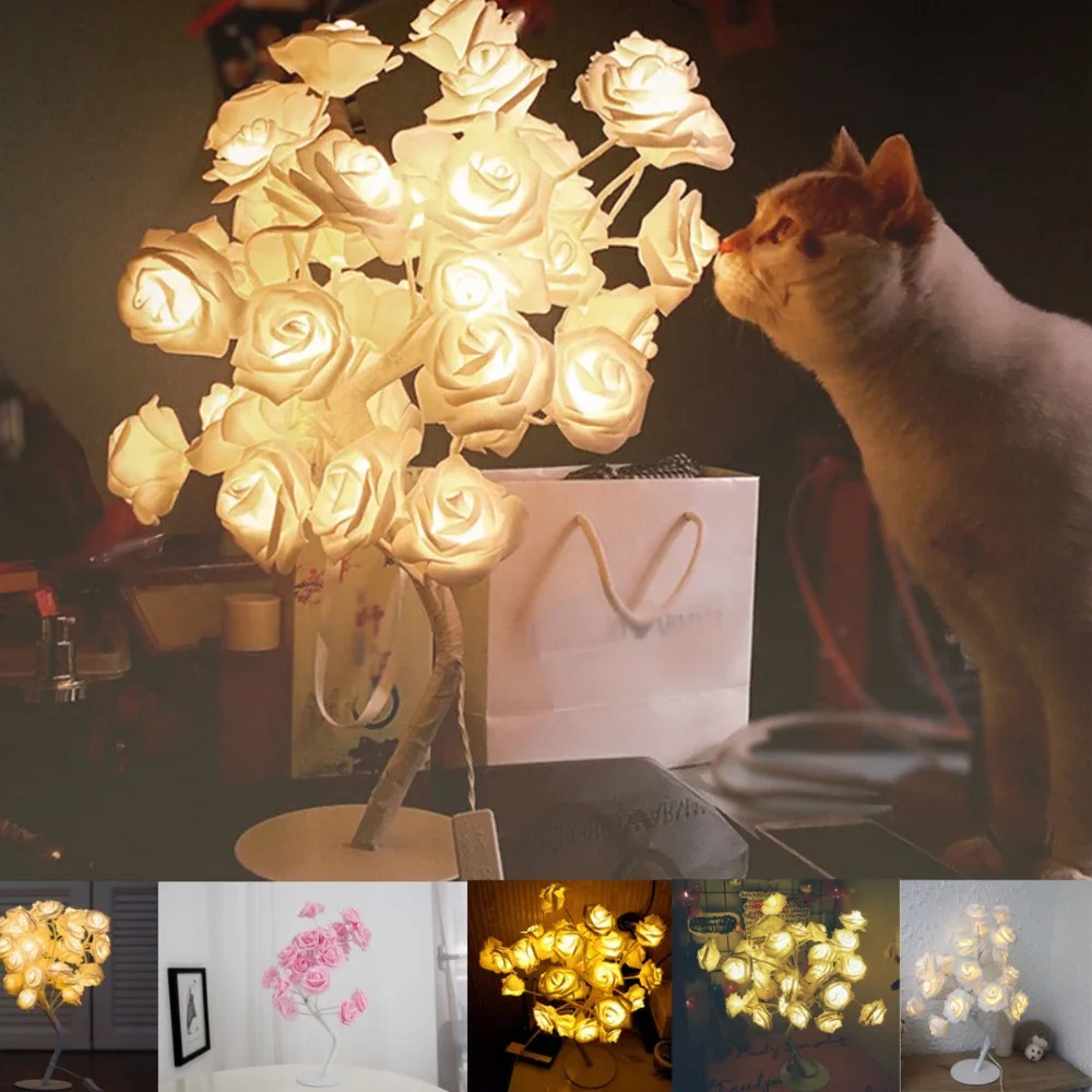 

24pcs LED White Pink Rose Flower Bedside Bedroom Night Light Table Lamp Home Decor Simulation Tree Christmas Wedding Party