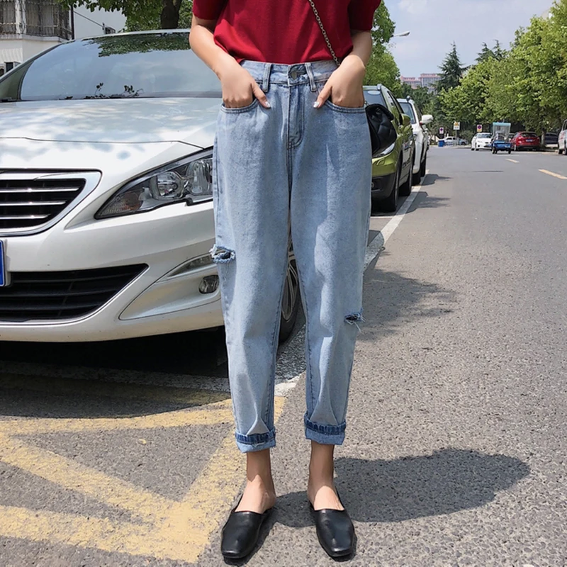 High-waist Boyfriend Jeans For Women Washed Shredded Jeans Vintage Hole Streetwear Plus Size Harajuku Carrot Mom Jeans Pants