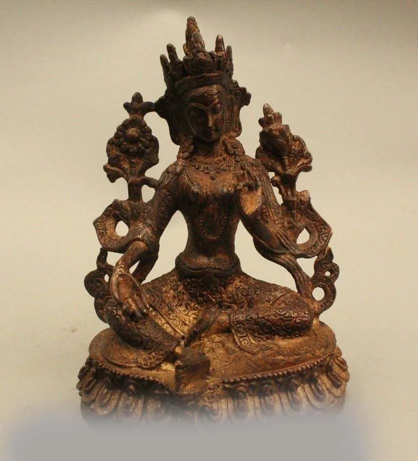 

8"Chinese Buddhism Folk Purple Bronze Lucky Green Tara Kwan-Yin Buddha Statue