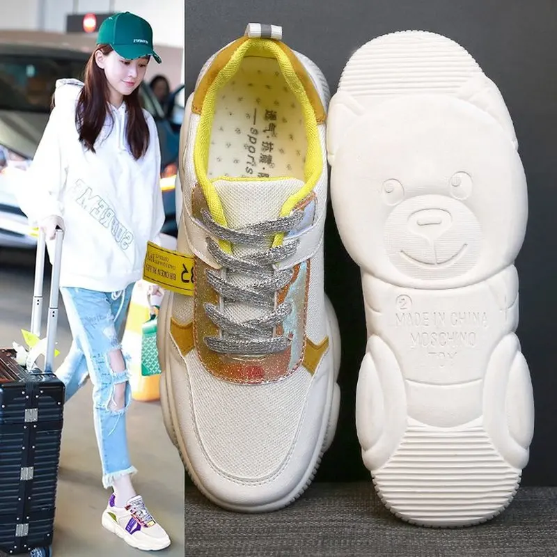 

QIUBOSS Women platform sneaker bear shoes patchwork spring summer casual shoes lady lace up designer shoes
