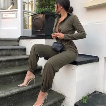 

Loose Button Turn-Down Collar Long Rompers Casual Women Army Green Lace Up Jumpsuit Solid Long Sleeve Work Jumpsuit Overalls
