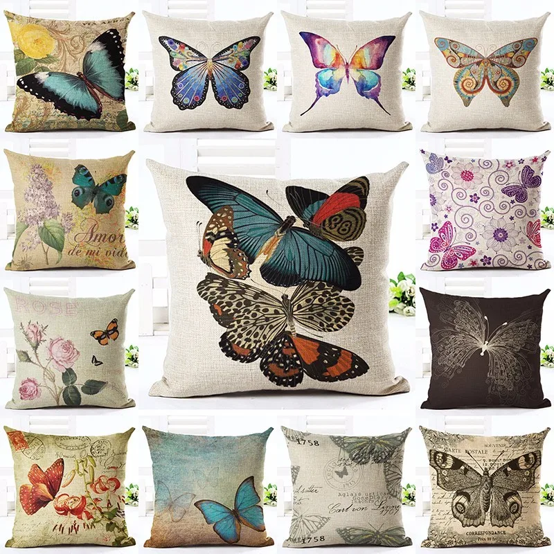 

High Qualtity Butterfly New Home Decorative Cushion Cover Seat Throw Pillowcase Square Cojines Cotton Linen Cushion Case