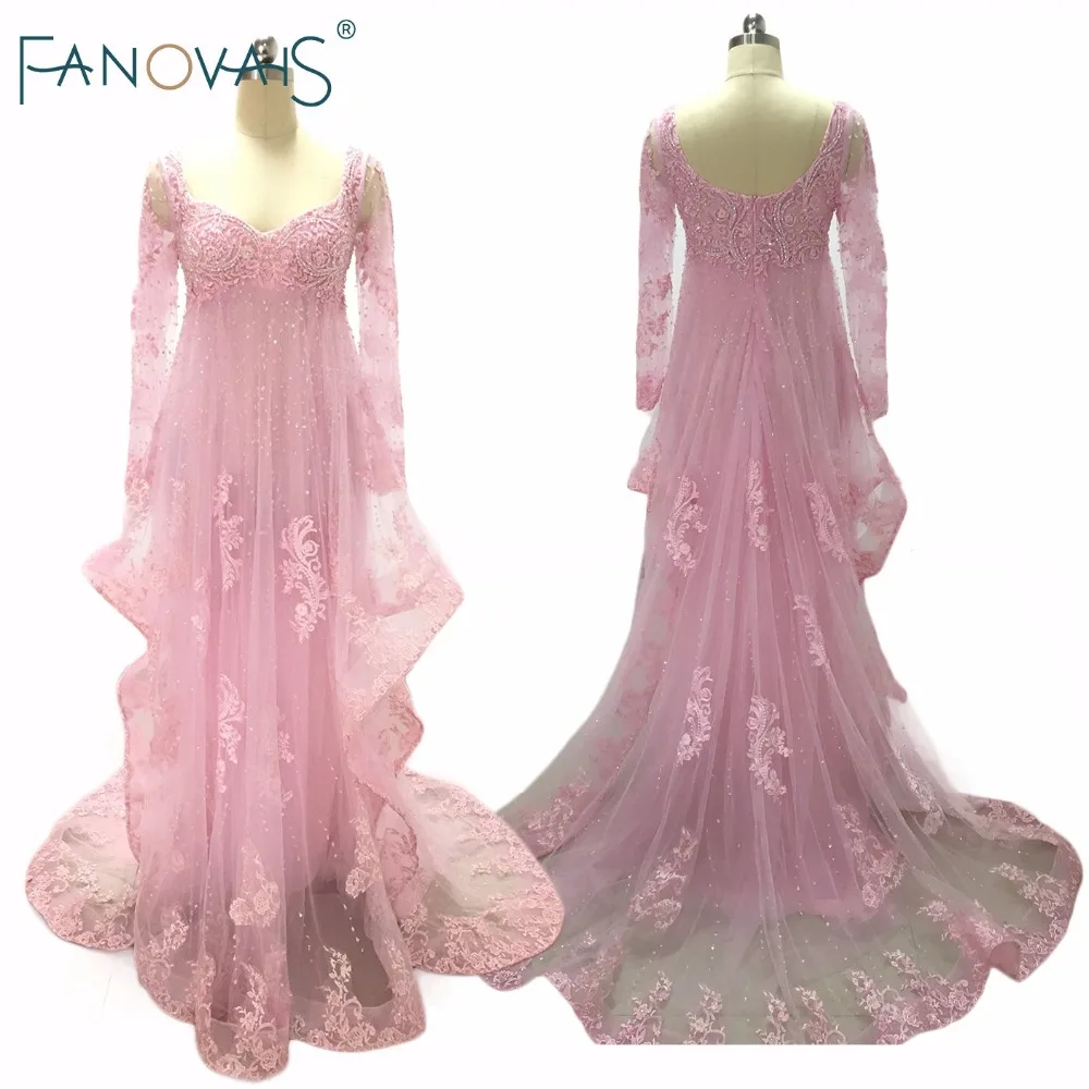 

Real Pictures Tulle Sweetheart Sequins Beaded Pink Evening Dress with Long Sleeves Lace Appliques Court Train