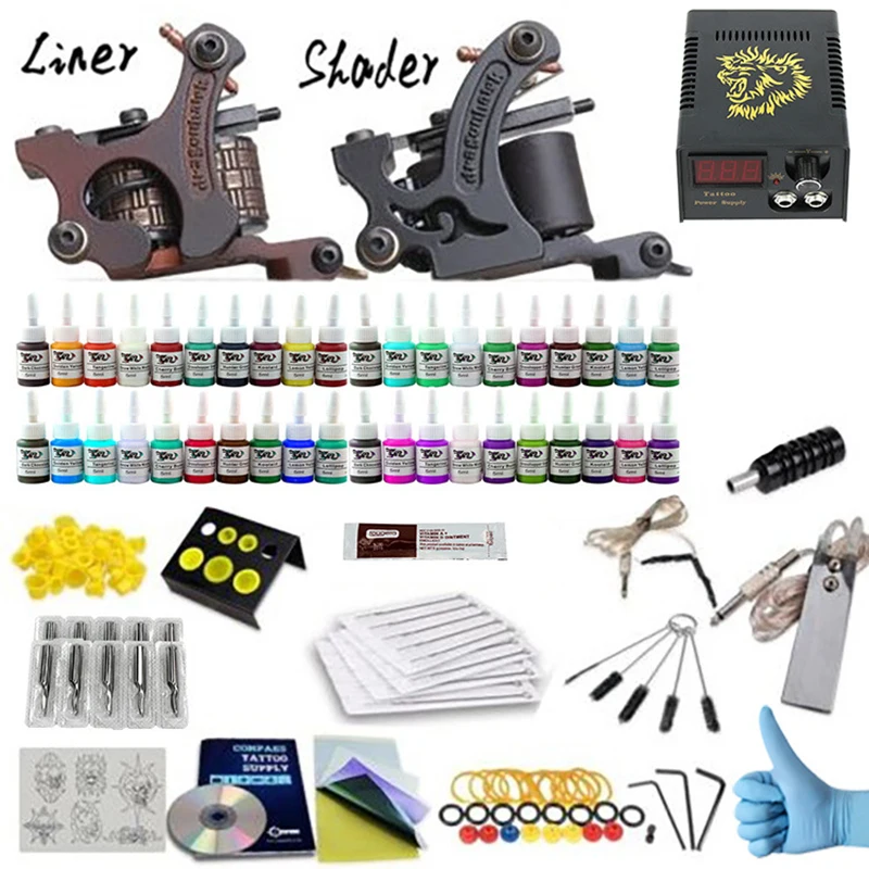 

Complete Tattoo Kits 40 Tattoo Inks Set With 1 Liner 1 Shader Tattoo Machine Guns Power Supply Disposable Needle Teaching CD