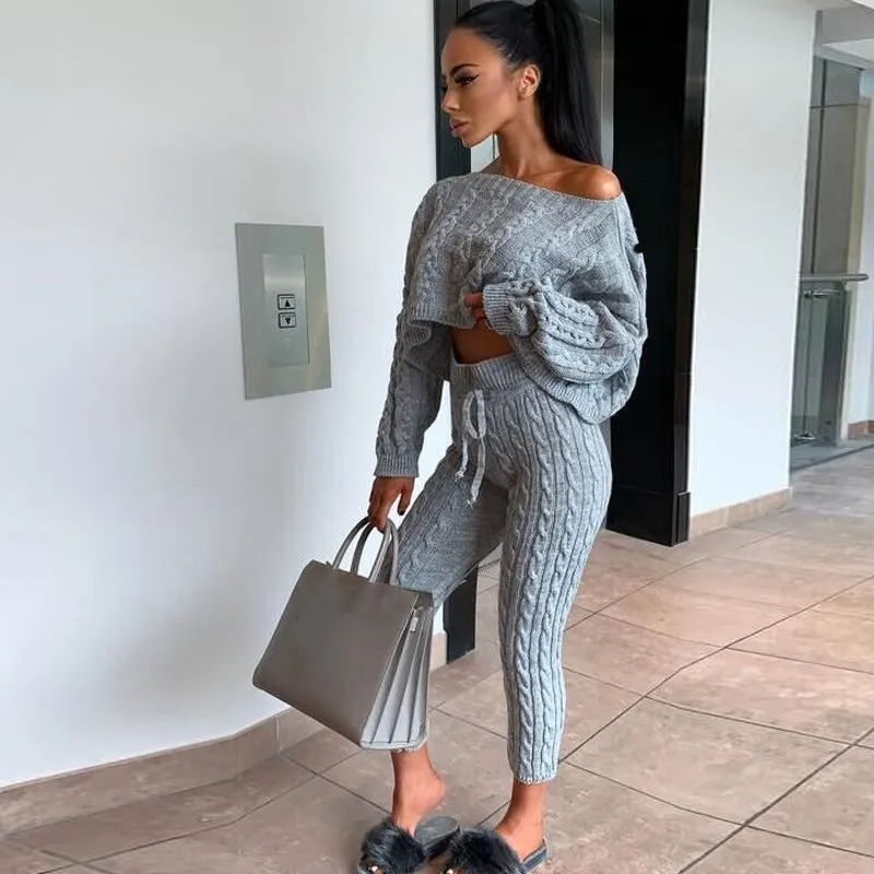 Women Casual Slim Knitted Pants Suits O-Neck Female Solid Pullover Sweater Suit Sets Fashion Long Trousers Two Piece Sets
