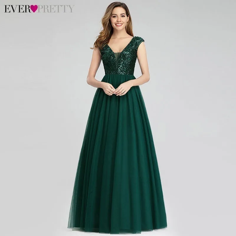 

Vestido Madrinha Ever Pretty Dark Green Sequined Bridesmaid Dresses A-Line V-Neck Sleeveless Formal Dresses For Wedding Party