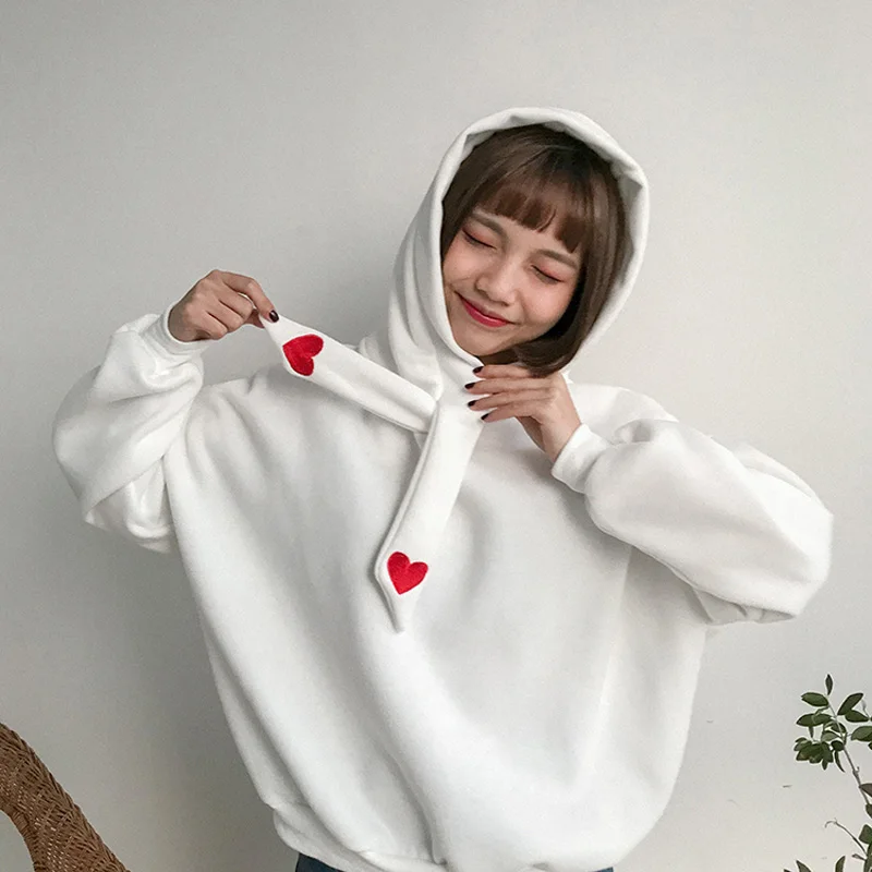 Korean New Cute Heart shaped Embroidery Lace up Hoodies Women Autumn