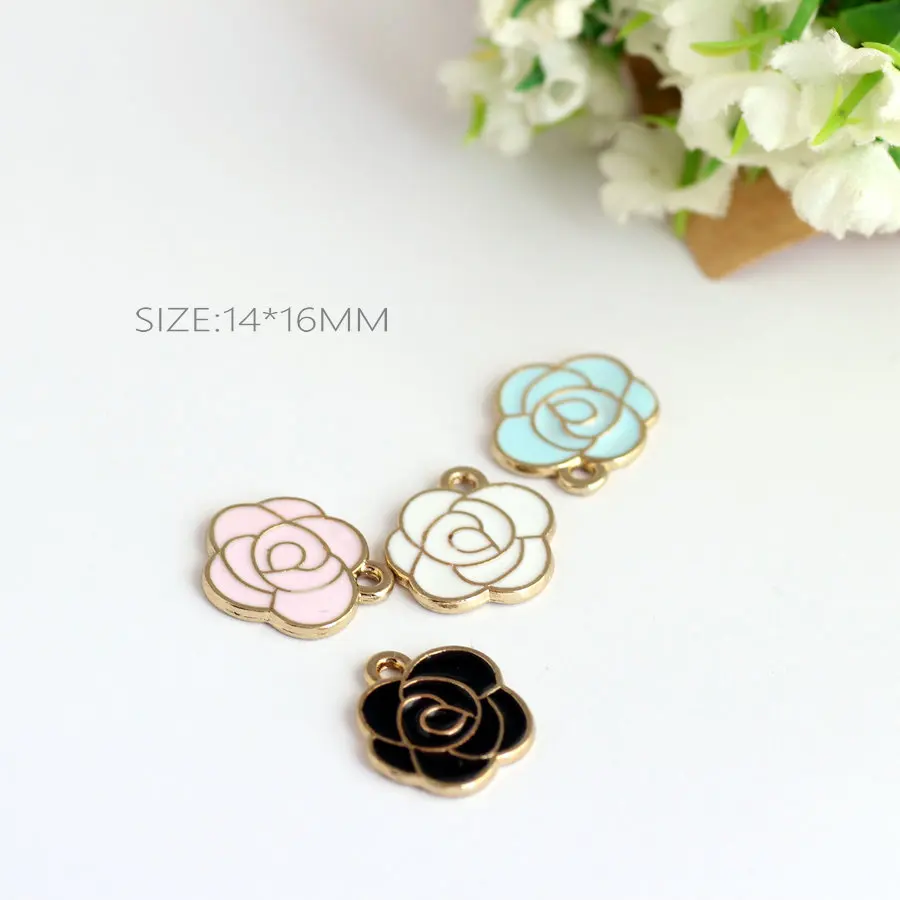 

10pcs 14*16MM Fashion Diy gold color alloy enamel rose flower charms metal pendants for bracelet earring jewelry making findings