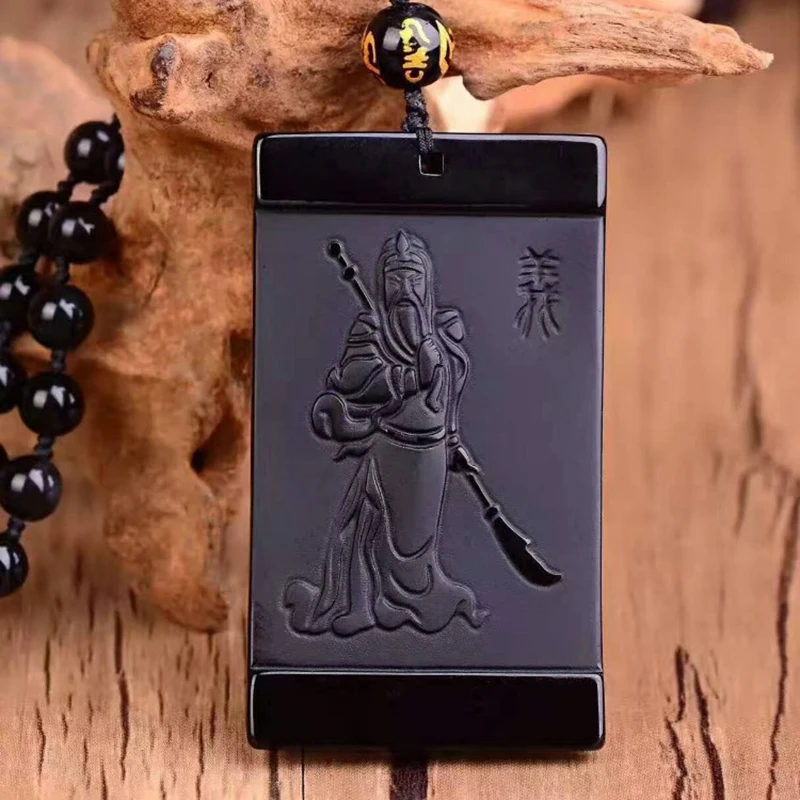 

Natural Obsidian Guan Yu Pendant Beads Necklace Charm Jewellery Fashion Accessories Hand-Carved Man Lucky Amulet Gifts