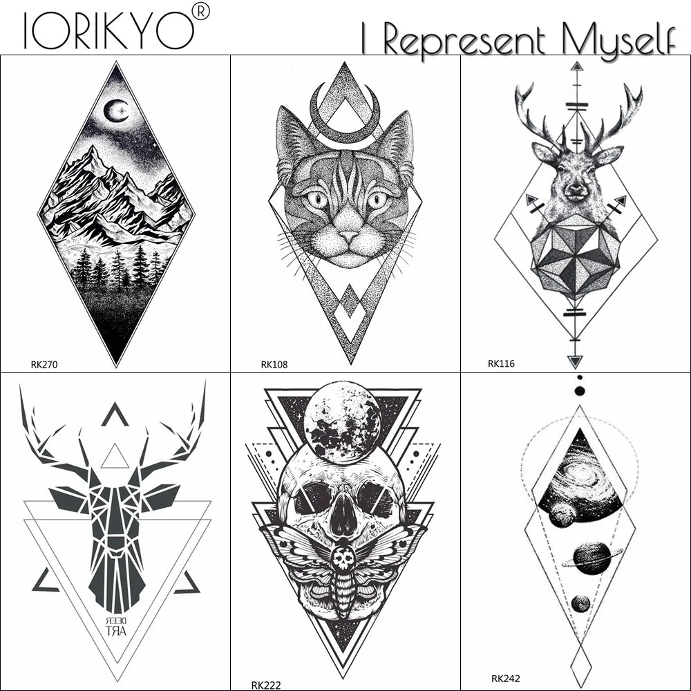 

IORIKYO Temporary Tattoo Men Ankle Stickers Women Adhesive Geometric Deer Fake Arm Tatoos Skull Moth Waterproof Tattoo Cat 3D