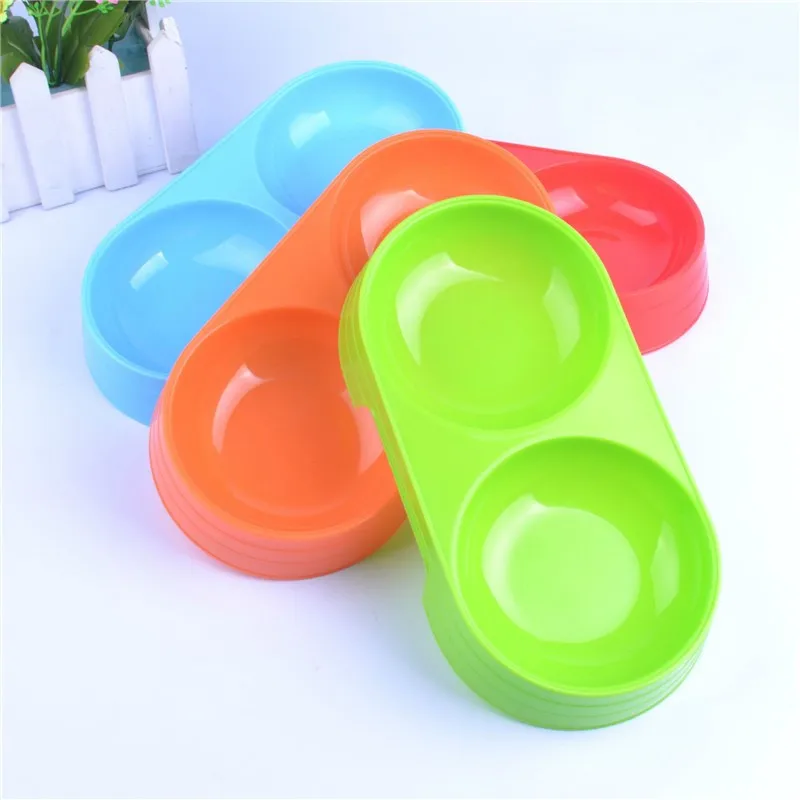 

G42 New Pet Dogs Feeding Food Bowl Plastic Portable Puppy Dog Cats Eating Drinking Water Feeder Dish Double Bowls