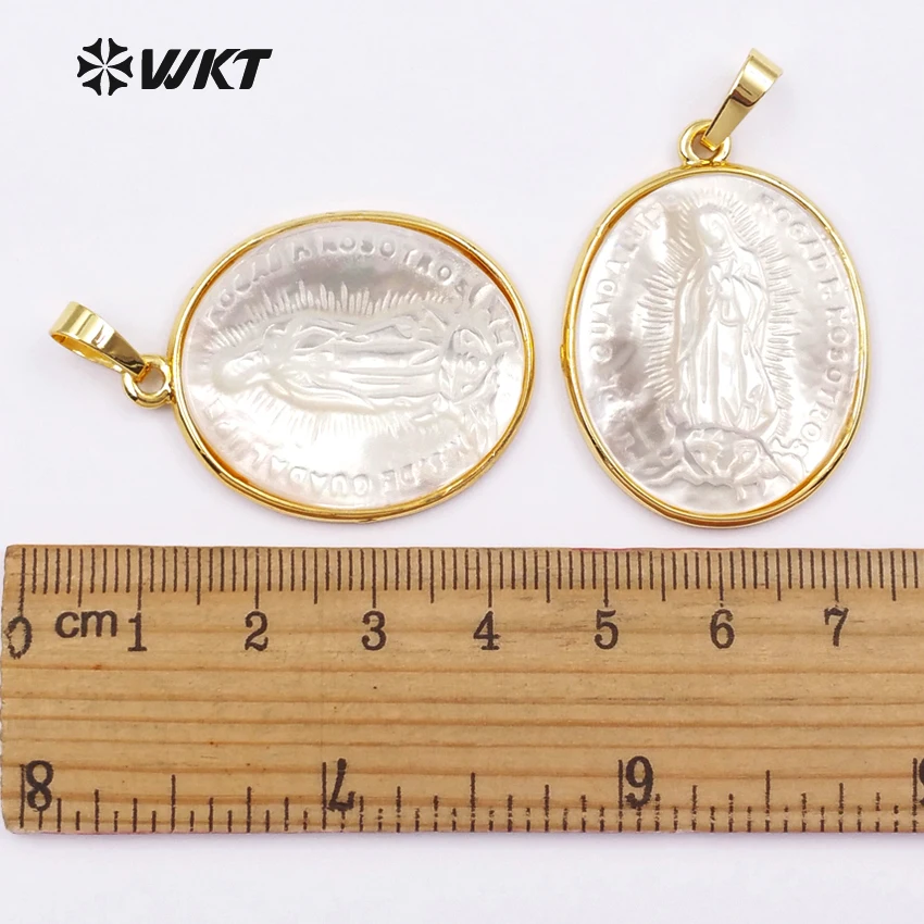 WT-P1353 In Stock ! Elegant White Shell Pendants With Virgin Mary Pattern Oval Slice Shape Metal Plated Female Jewelry
