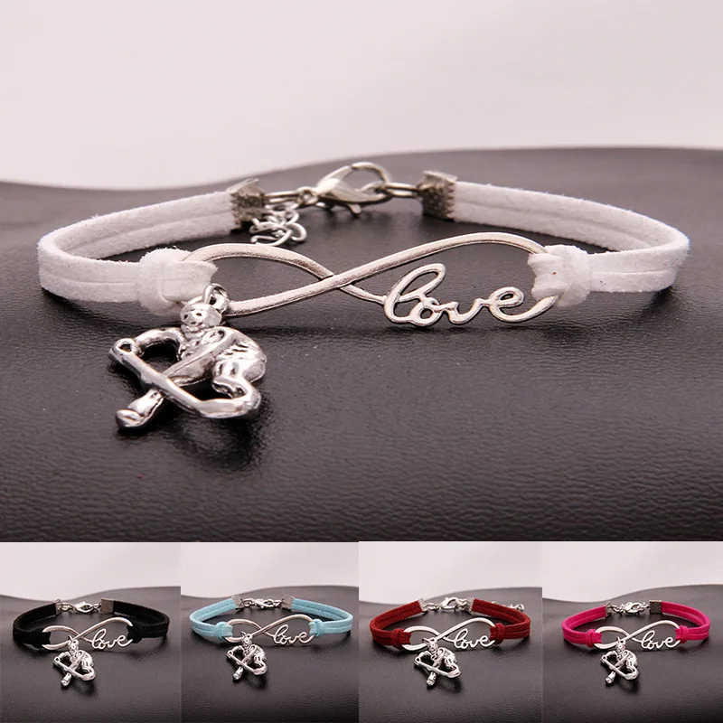 

New Hot Personality Antique Silver Love Infinity Hockey Player Charm Pendant Multi Leather Bracelet Women Men Sport Jewelry Gift