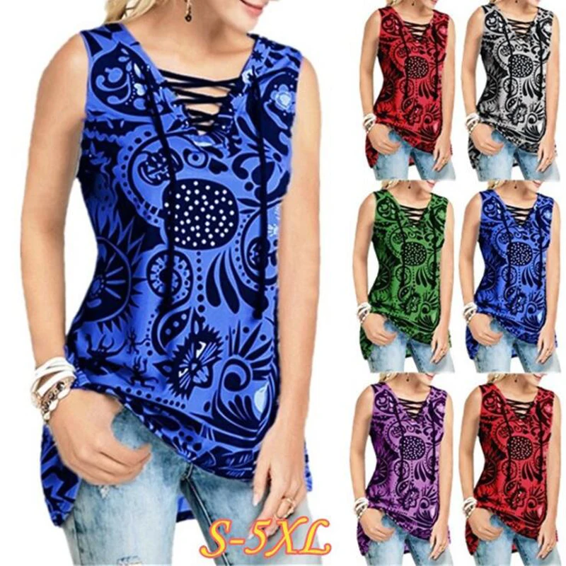 

2019 New V-neck enamel printed strap summer women's casual vest