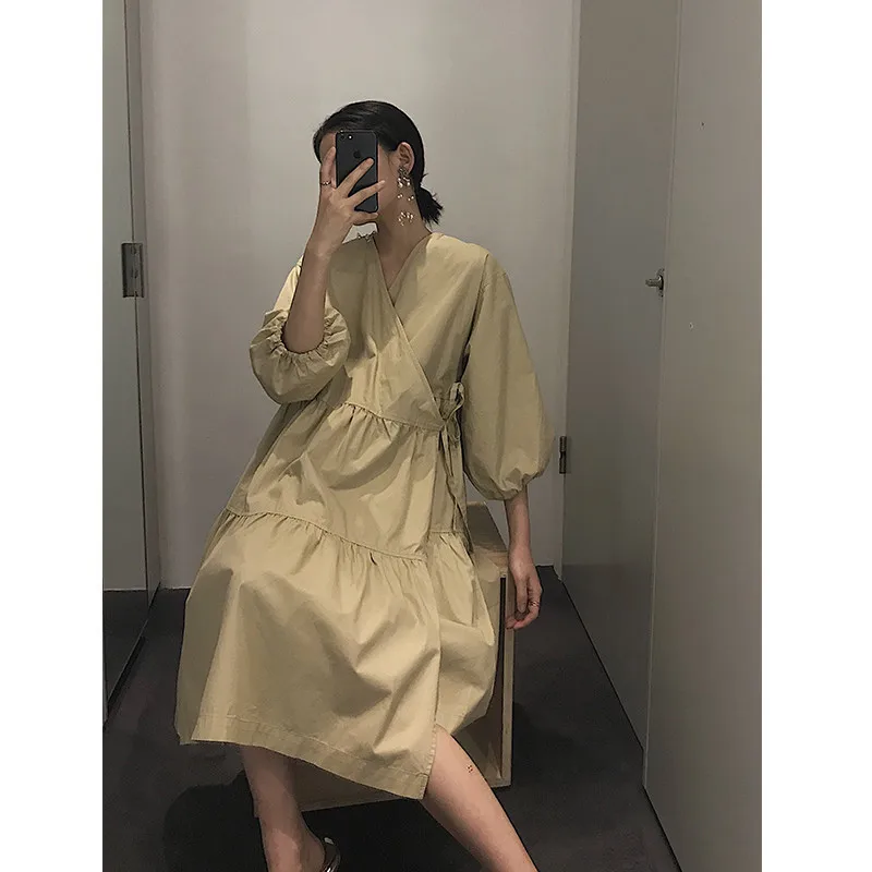 Autumn New Fashion Women's High-quality Clothing High Waist Slimming A Word dressYellow Doll Dress Sleeve C385