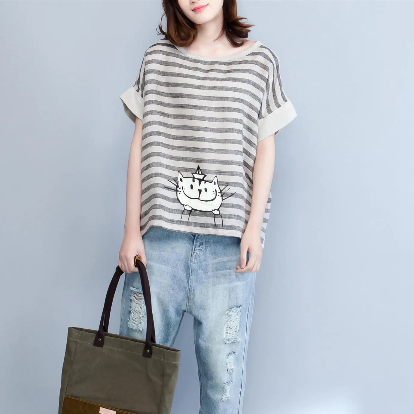 

Pretty Cute Cat Print Cartoon T Shirt Womens Loose Short Sleeve Summer Tops 2018 Breathable Cotton Linen Stripe T-Shirts O-Neck