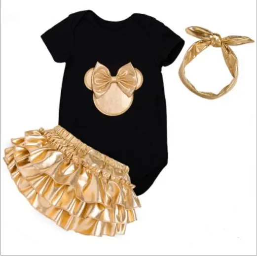 

2018 Baby Girl Clothes 3pcs Clothing Sets Black Cotton Rompers Golden Ruffle Bloomers Shorts Headband Newborn Clothes