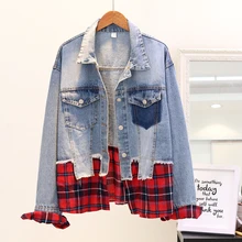 Новинка года; сезон весна-осень; женская джинсовая куртка в клетку с асимметричной строчкой; женское джинсовое пальто из двух предметов; свободная Студенческая верхняя одежда