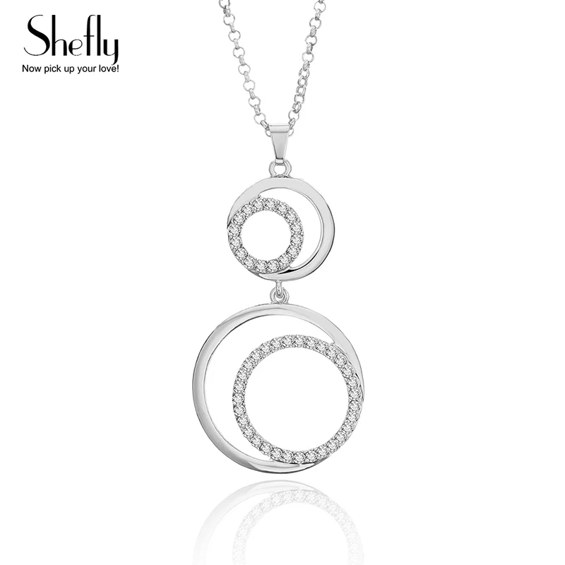 

Women Fashion Round Necklaces Pendants Silver Color Double Circle Zircon Paved Necklace Women New 2017 Dropshipping
