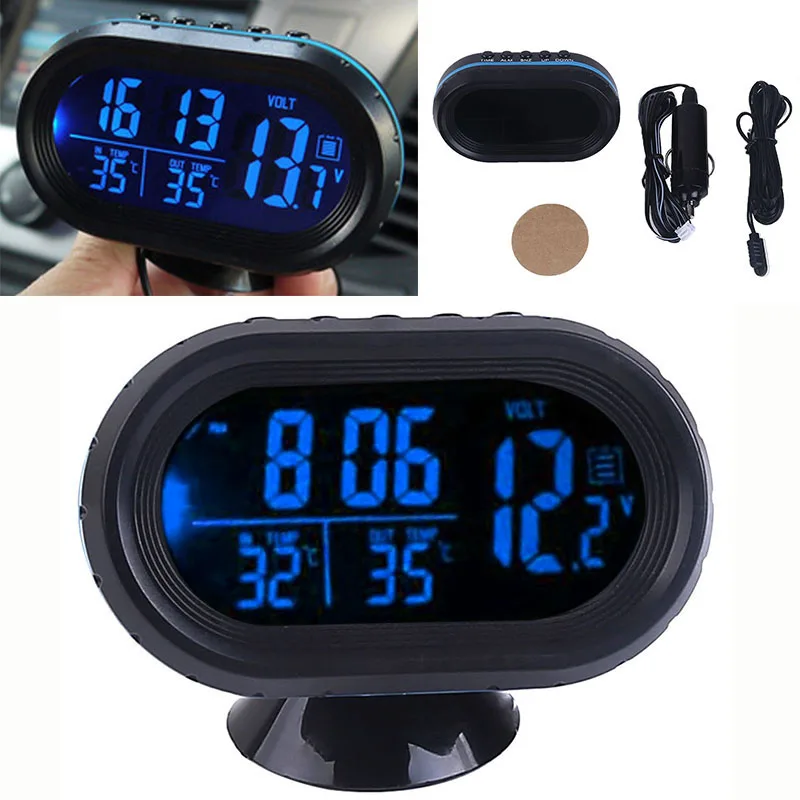 New Car Voltmeter LCD Digital Display Clock In/Out Temperature Blue Light Thermometer Clock 12-24V with Accessories Kit Set New Car Voltmeter LCD Digital Display Clock In/Out Temperature Blue Light Thermometer Clock 12-24V with Accessories Kit Set