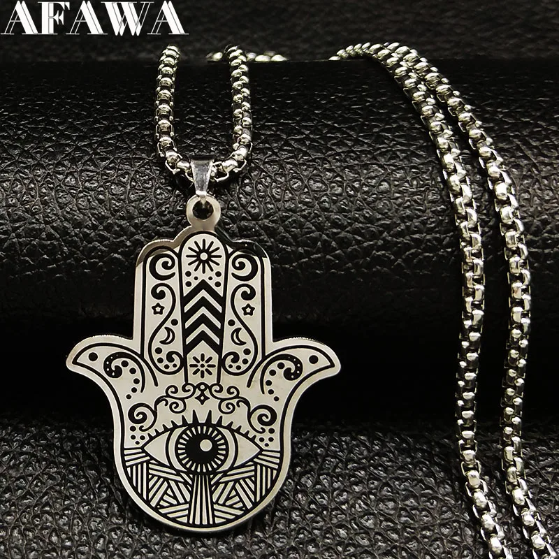 2020 Hamsa Hand Stainless Steel Necklaces Men Black Silver Color Necklaces Pendants Jewelry collier homme N18536