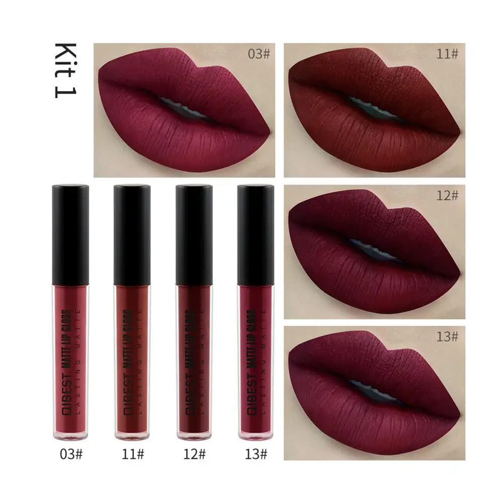 Qibest 4PCS Liquid Lipstick Set Long-Lasting Matte Lip Stick Make Up Waterproof Velvet Batom Nude Sexy Lip Gloss Cosmetics Kit