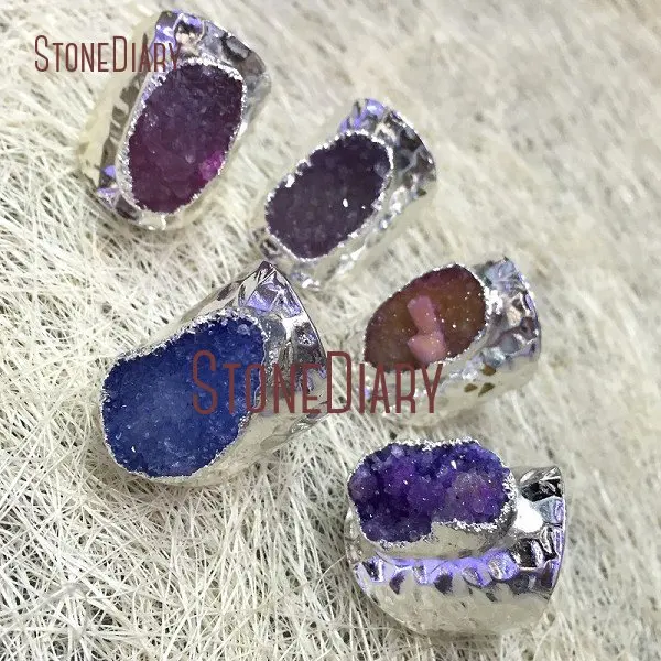 

Mix Color Agates Druzy Ring Silver Plated Irregular Shape Ring Adjustable RM938