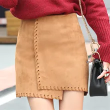 

Real Photo 2016 Autumn New Assymetric Women Suede Skirt Black and Brown Bodycon Skirts Faux Leather Stretchy Material Faldas