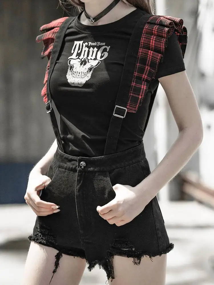 

Punk Rave Women's Goth Plaid Suspender Denim Hot Shorts PK308ND Asia Size (S-L)