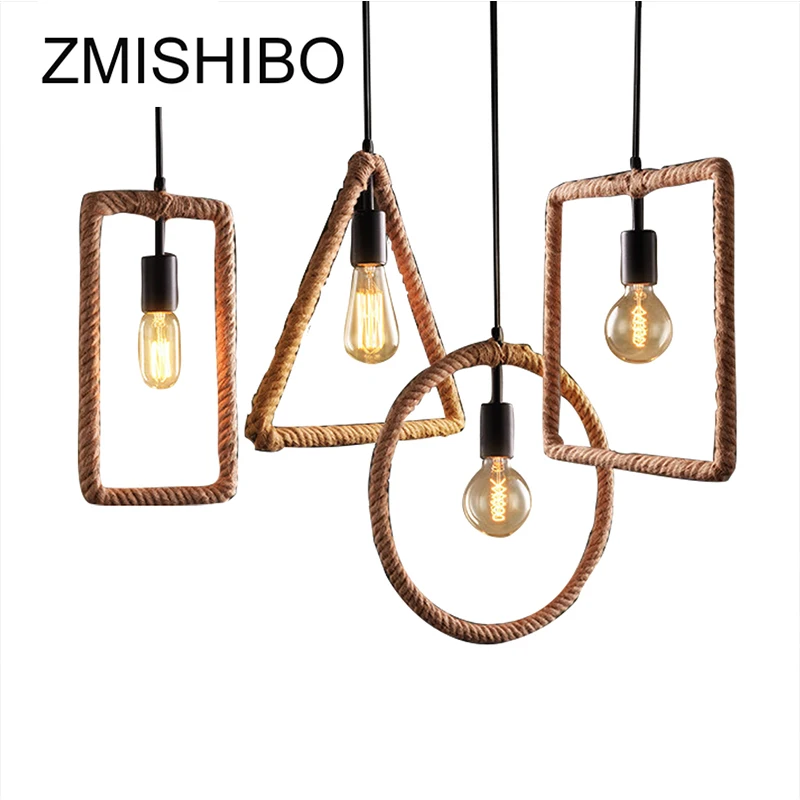 

ZMISHIBO Retro Creative Hemp Rope E27 Pendant Lamp Rectangle/Round/Triangle/Square Lampshade Decoration Lights For Living Room